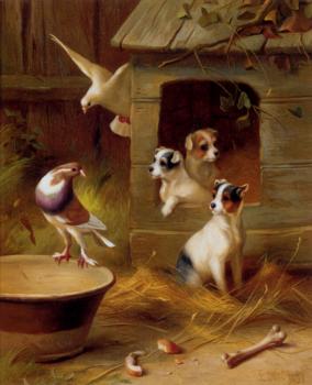 Edgar Hunt : Pigeons And Puppies